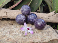 Polished Lepidolite With Pink Rubellite Spheres x 4 From Ambatondrazaka, Madagascar