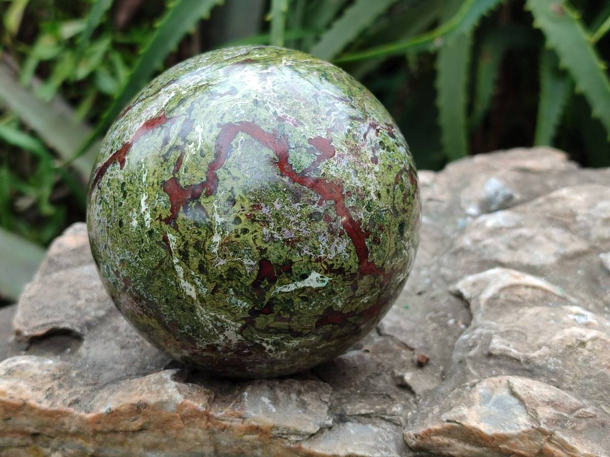 Polished Bastite Dragons Blood Stone Sphere and Standing Free Form x 2 From Tshipise, South Africa - Toprock Gemstones and Minerals 