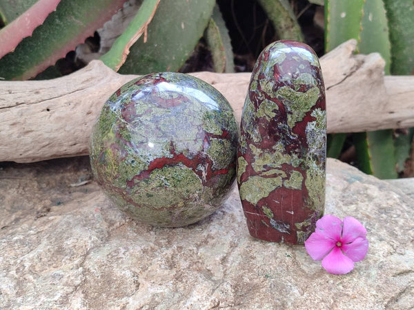 Polished Bastite Dragons Blood Stone Sphere and Standing Free Form x 2 From Tshipise, South Africa
