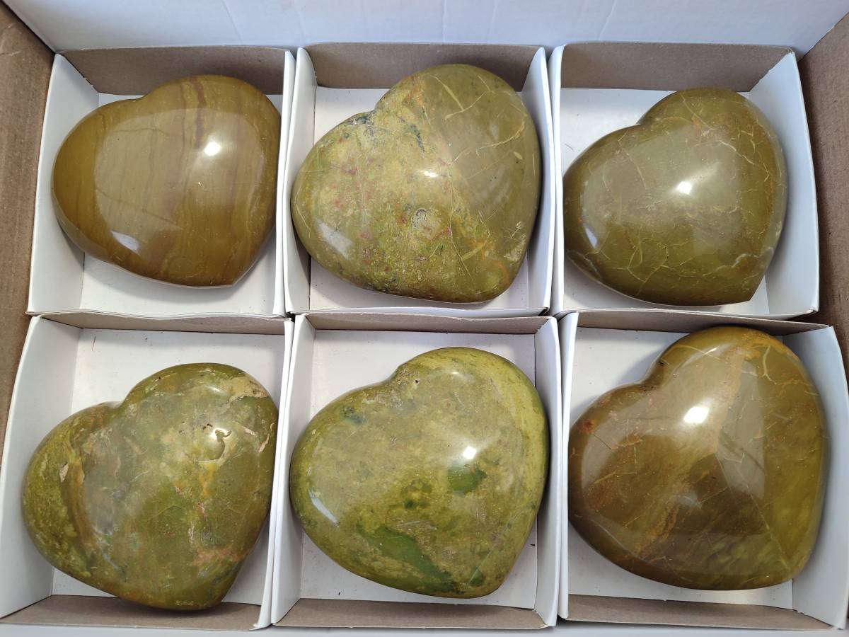 Polished Green Opal Hearts x 6 From Betroka, Madagascar - Toprock Gemstones and Minerals 