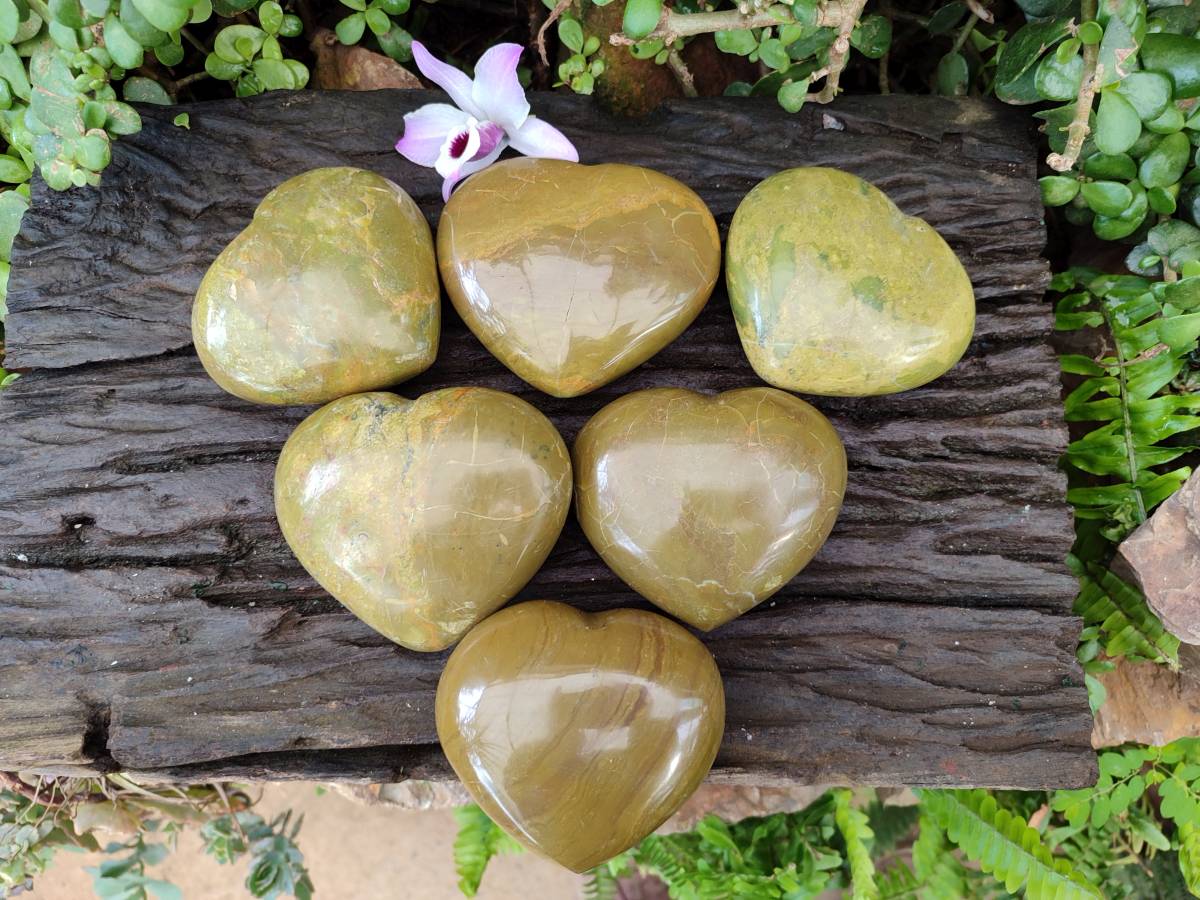Polished Green Opal Hearts x 6 From Betroka, Madagascar - Toprock Gemstones and Minerals 