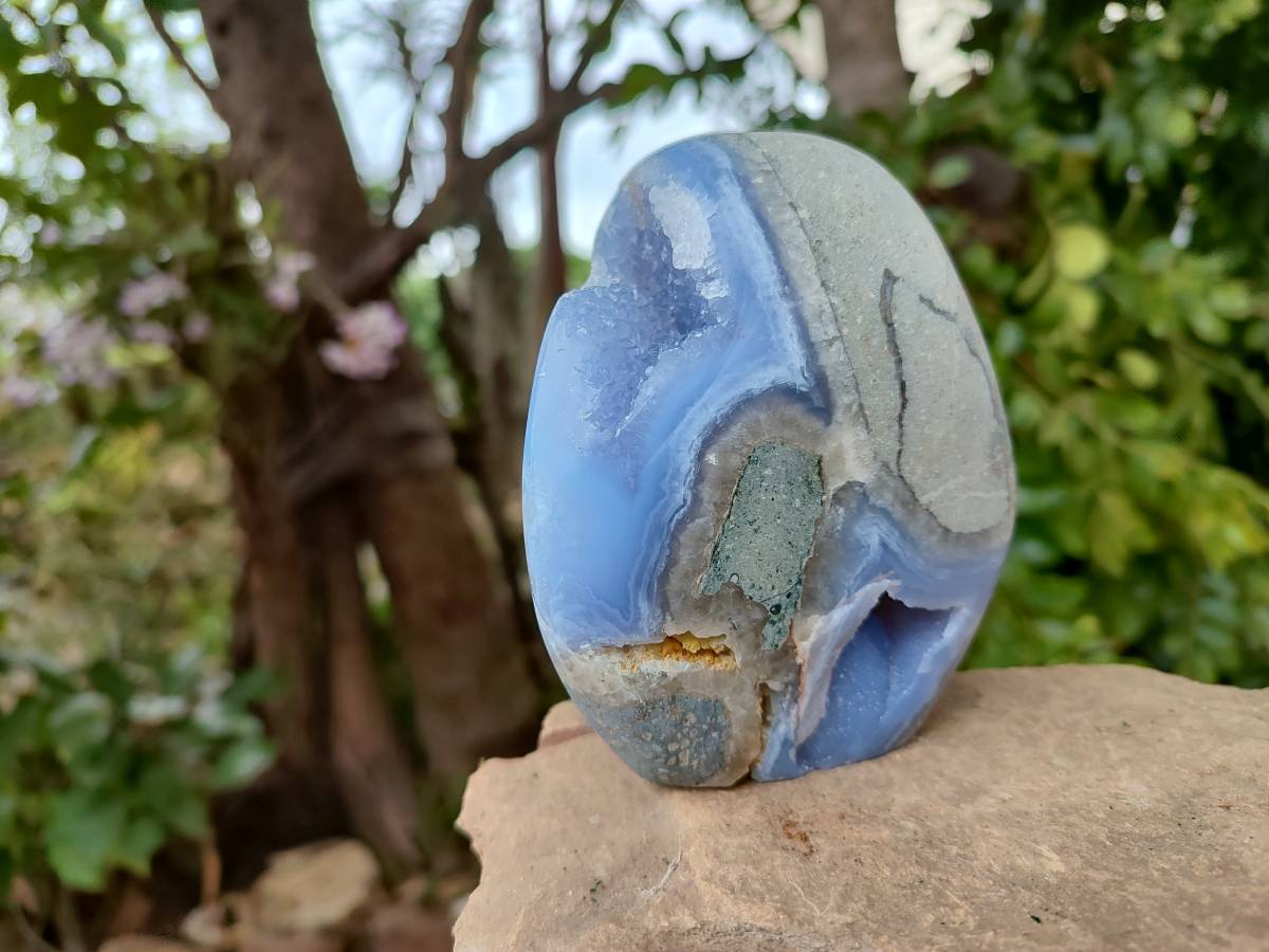 Polished Blue Lace Agate Standing Free Forms x 3 From Nsanje, Malawi - Toprock Gemstones and Minerals 