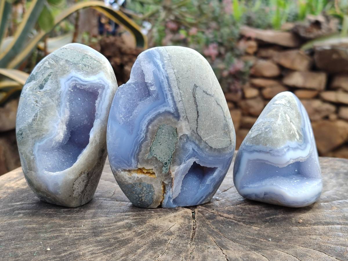 Polished Blue Lace Agate Standing Free Forms x 3 From Nsanje, Malawi - Toprock Gemstones and Minerals 