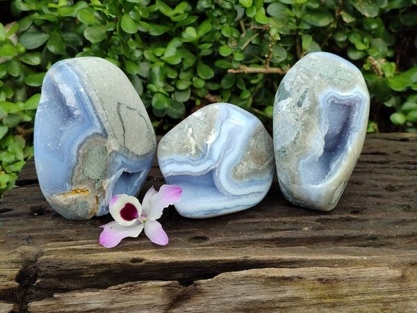 Polished Blue Lace Agate Standing Free Forms x 3 From Nsanje, Malawi