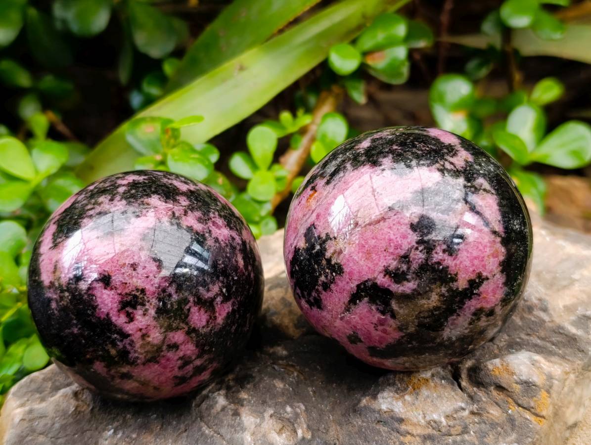 Polished Rhodonite Spheres x 3 From Ambindavato, Madagascar - Toprock Gemstones and Minerals 