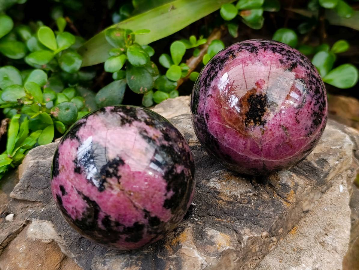 Polished Rhodonite Spheres x 3 From Ambindavato, Madagascar - Toprock Gemstones and Minerals 