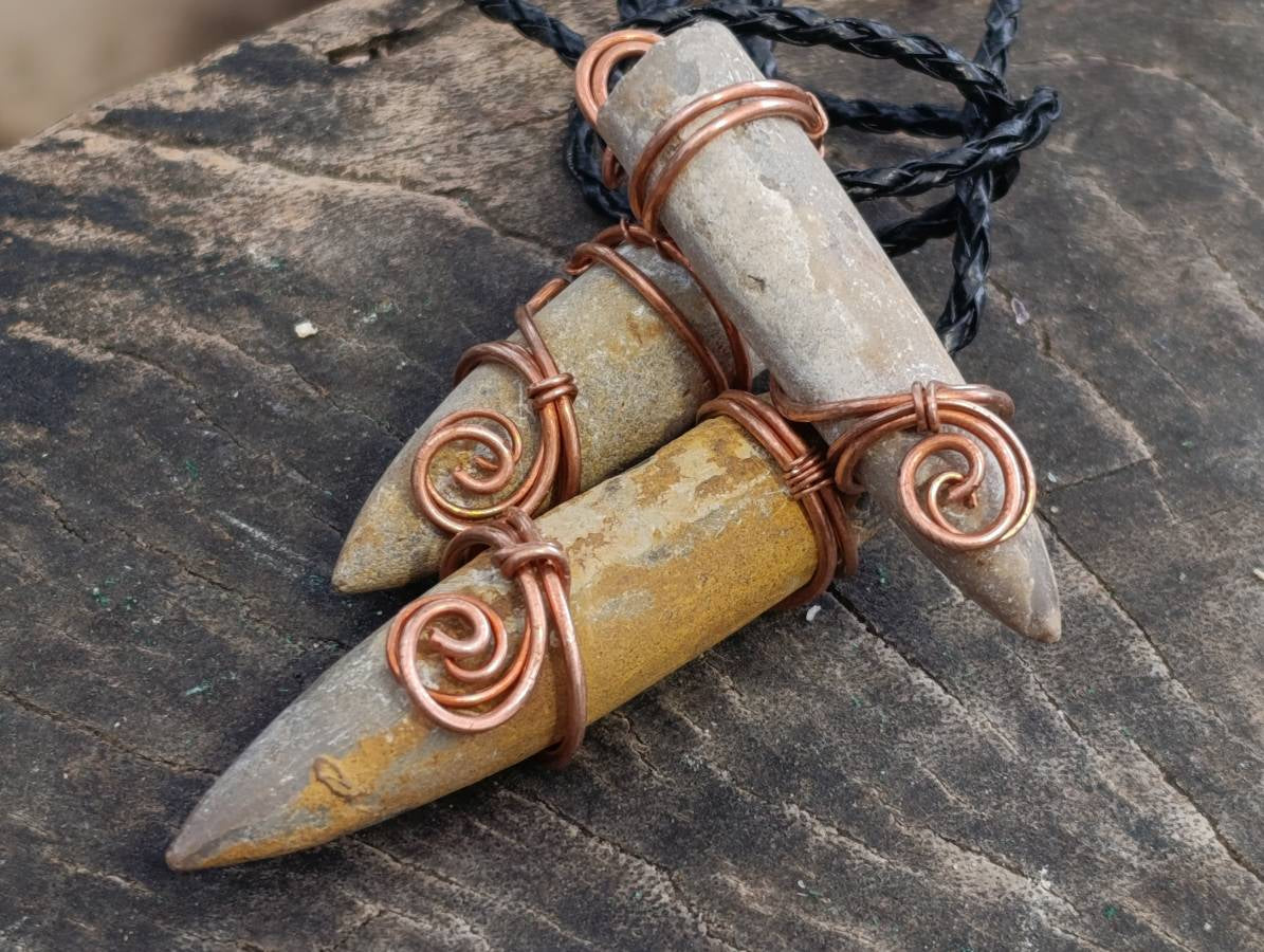 Natural Belemnite Fossil Bullet Copper Art Pendant With Plaited Cord - sold per piece - From Madagascar - Toprock Gemstones and Minerals 