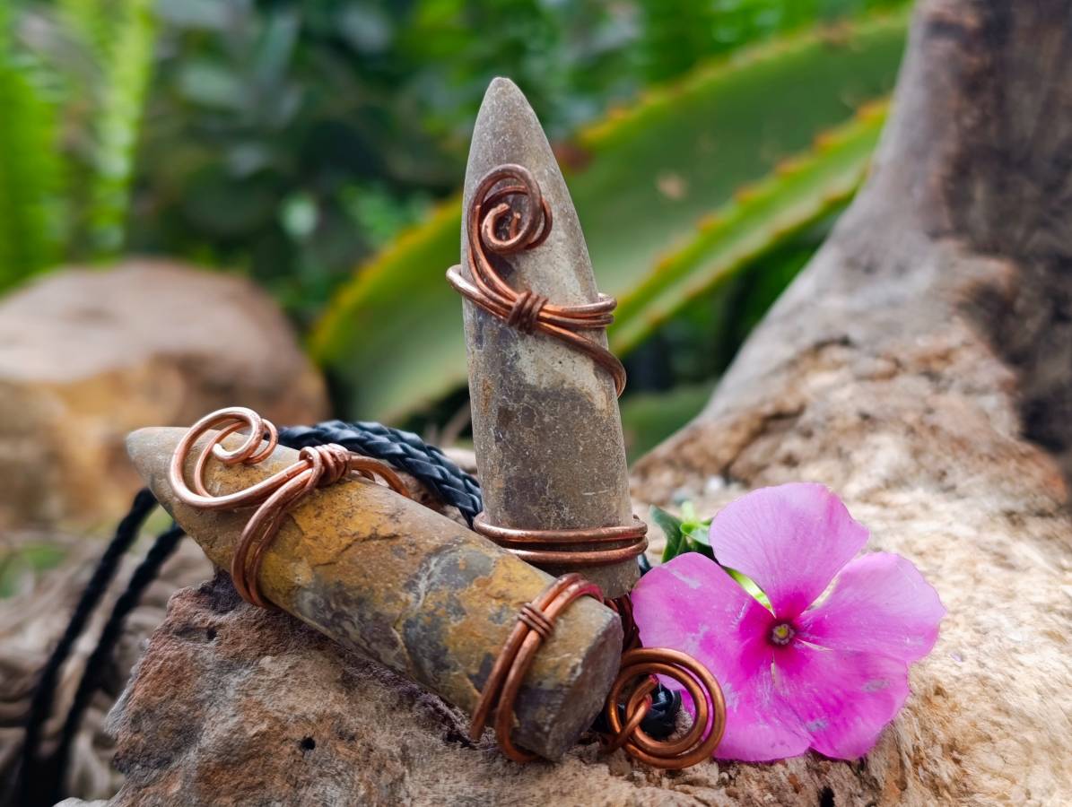 Natural Belemnite Fossil Bullet Copper Art Pendant With Plaited Cord - sold per piece - From Madagascar - Toprock Gemstones and Minerals 