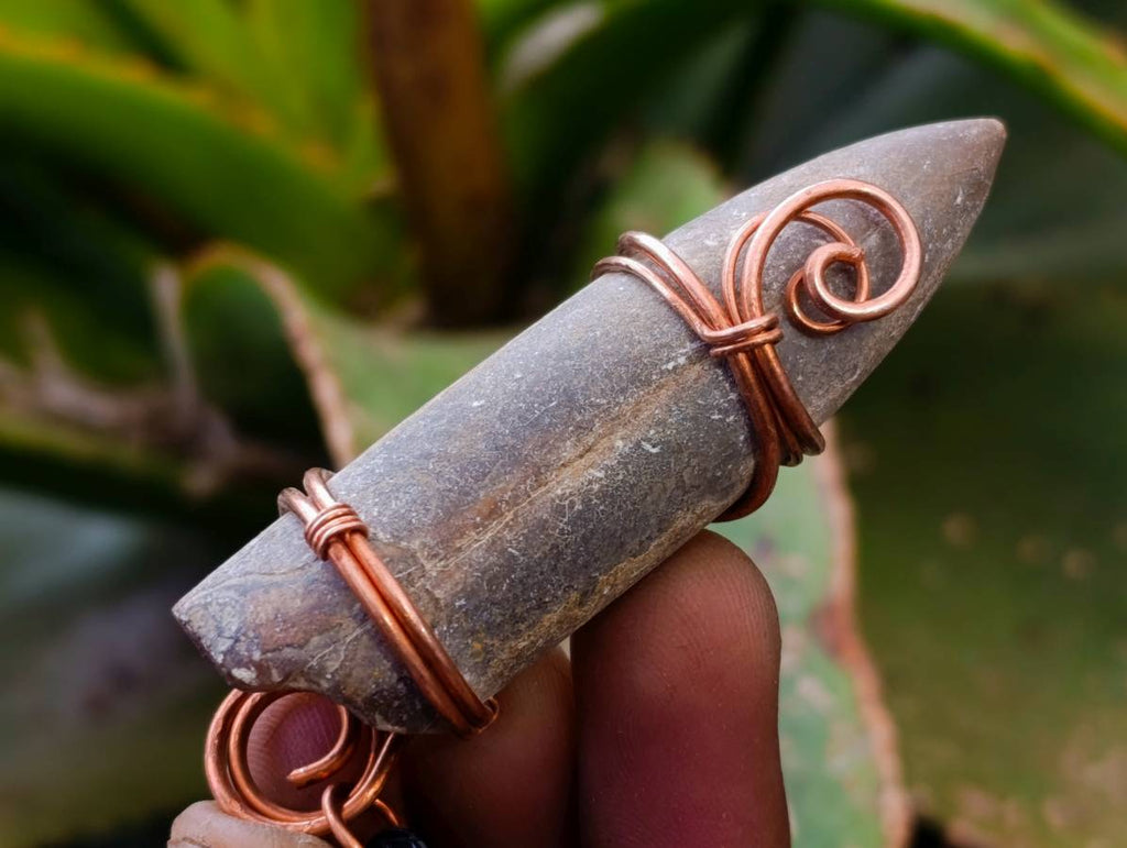 Natural Belemnite Fossil Bullet Copper Art Pendant With Plaited Cord - sold per piece - From Madagascar - Toprock Gemstones and Minerals 