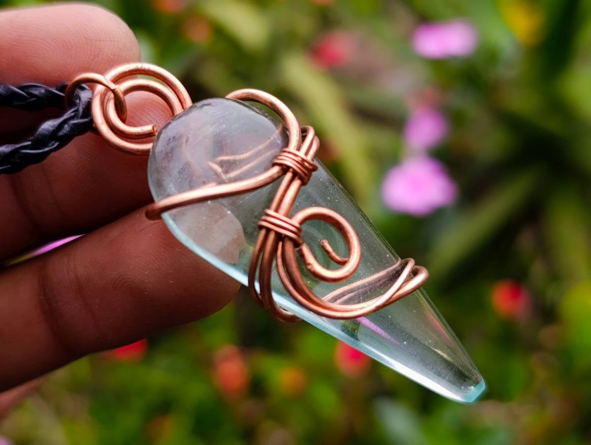 Polished Aqua Silica Crystal Copper Wire Wrapped Pendants with Thong - sold per piece - From South Africa - Toprock Gemstones and Minerals 
