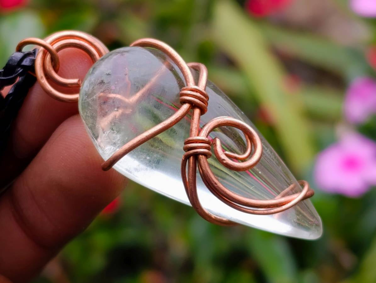 Polished Aqua Silica Crystal Copper Wire Wrapped Pendants with Thong - sold per piece - From South Africa - Toprock Gemstones and Minerals 