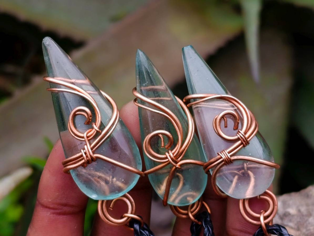 Polished Aqua Silica Crystal Copper Wire Wrapped Pendants with Thong - sold per piece - From South Africa - Toprock Gemstones and Minerals 