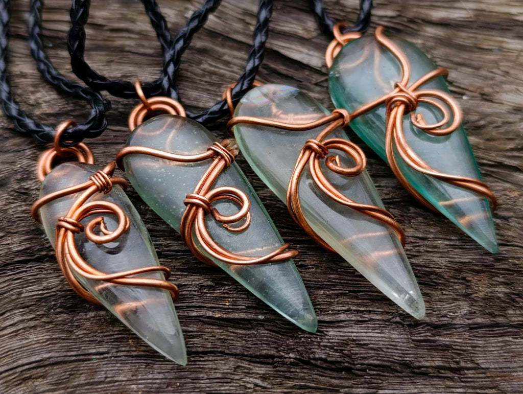 Polished Aqua Silica Crystal Copper Wire Wrapped Pendants with Thong - sold per piece - From South Africa - Toprock Gemstones and Minerals 