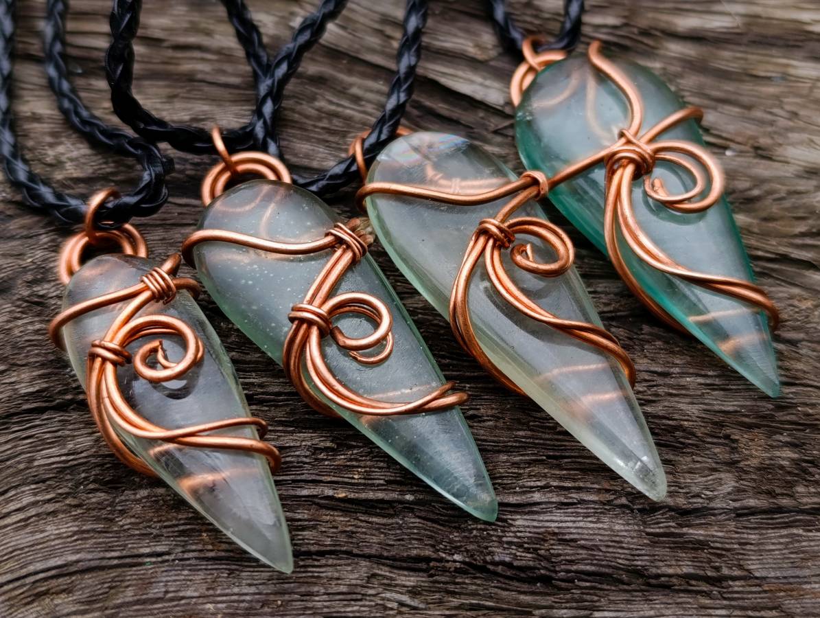 Polished Aqua Silica Crystal Copper Wire Wrapped Pendants with Thong - sold per piece - From South Africa - Toprock Gemstones and Minerals 