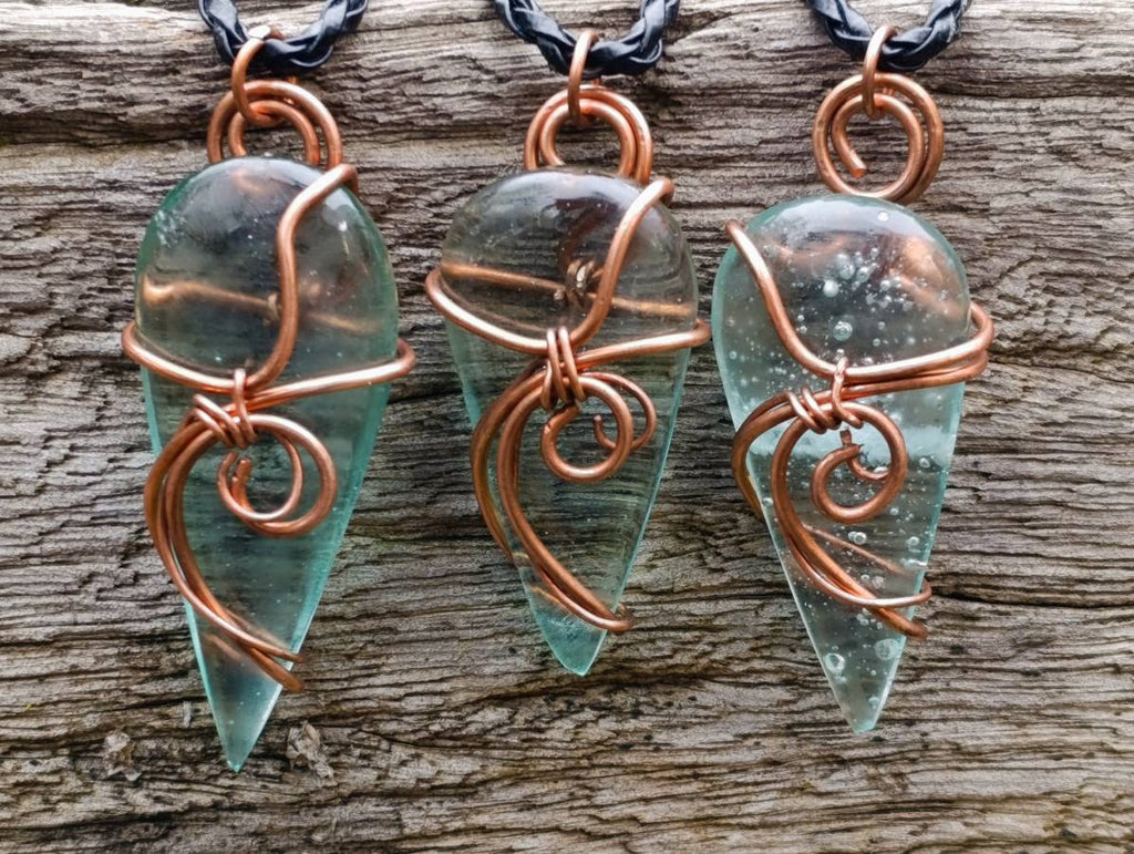Polished Aqua Silica Crystal Copper Wire Wrapped Pendants with Thong - sold per piece - From South Africa - Toprock Gemstones and Minerals 