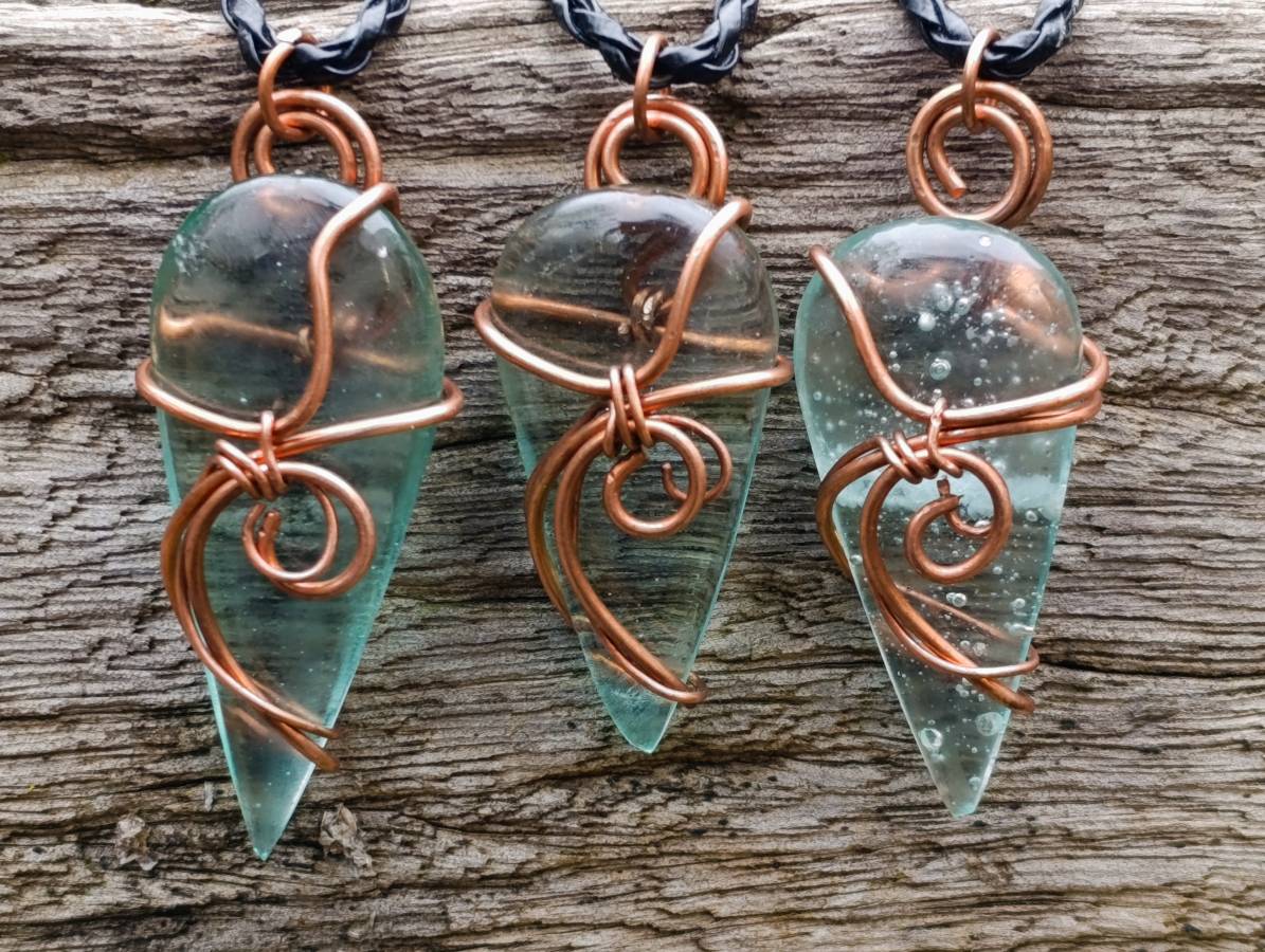 Polished Aqua Silica Crystal Copper Wire Wrapped Pendants with Thong - sold per piece - From South Africa - Toprock Gemstones and Minerals 