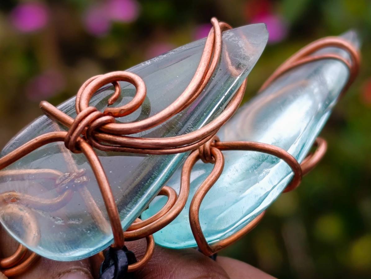 Copper Silica Rocks Polished Aqua Silica Crystal Copper Wire Wrapped Pendants with Thong ...