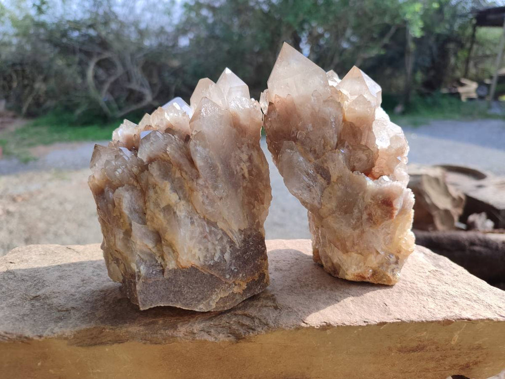 Natural Smokey Phantom Quartz Clusters x 2 From Luena, Congo - Toprock Gemstones and Minerals 