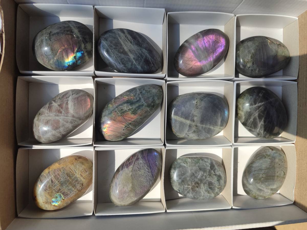 Polished Purple Flash Labradorite Galets x 12 From Tulear, Madagascar - Toprock Gemstones and Minerals 