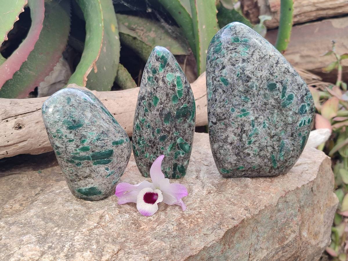 Polished Emerald Mica 'Mutokolite' Standing Free Forms x 3 From Mutoko, Zimbabwe - Toprock Gemstones and Minerals 