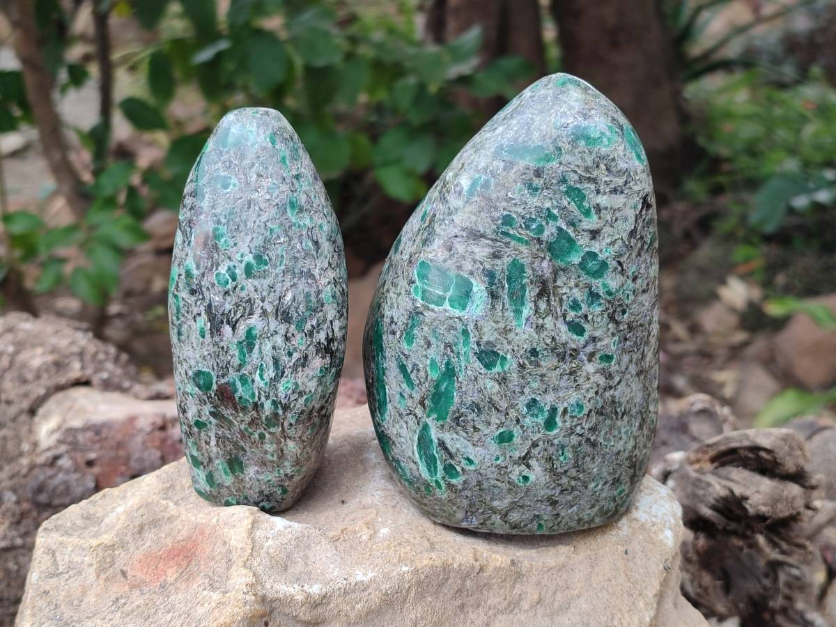 Polished Emerald Mica 'Mutokolite' Standing Free Forms x 3 From Mutoko, Zimbabwe - Toprock Gemstones and Minerals 