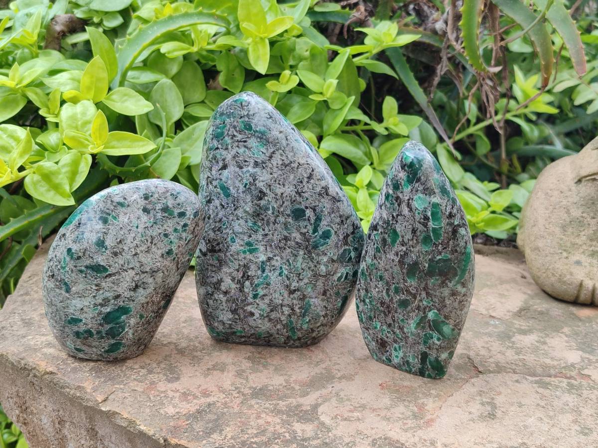 Polished Emerald Mica 'Mutokolite' Standing Free Forms x 3 From Mutoko, Zimbabwe - Toprock Gemstones and Minerals 