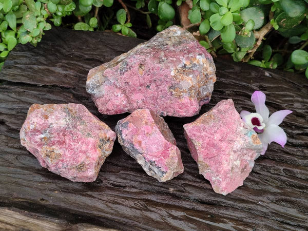 Natural Rhodonite Cobbed Specimens x 4 From Rhusinga, Zimbabwe