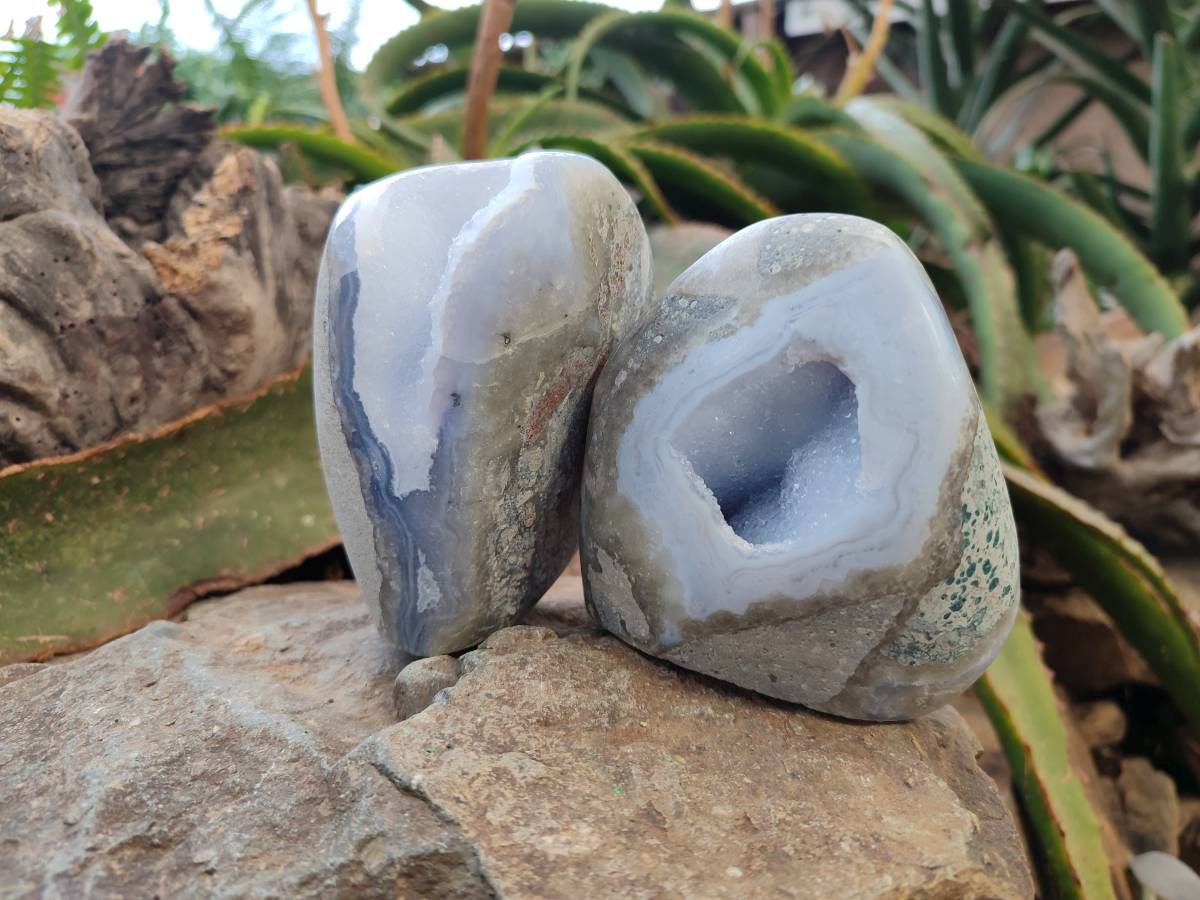 Polished Blue Lace Agate Standing Free Forms x 2 From Nsanje, Malawi - Toprock Gemstones and Minerals 