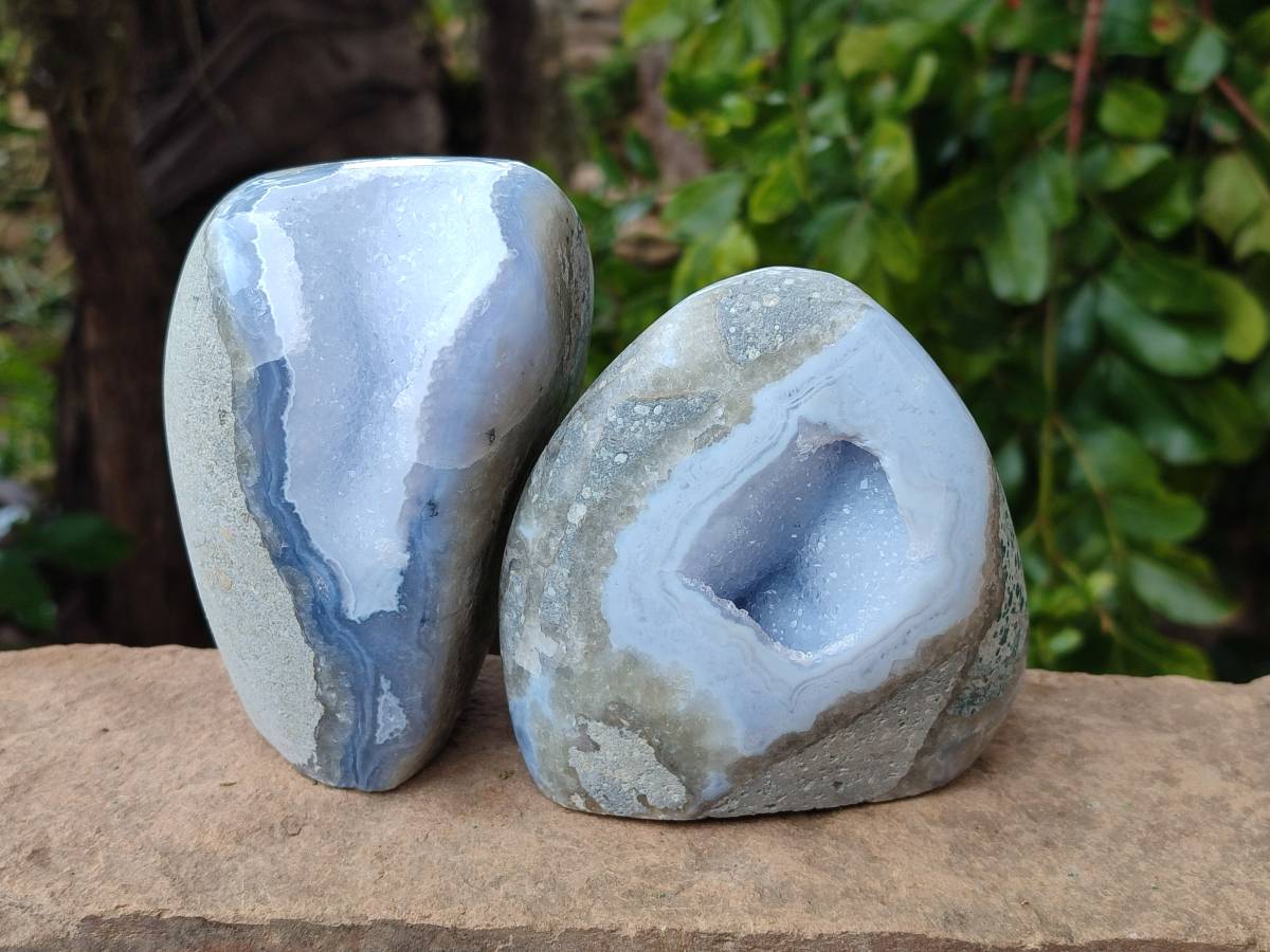 Polished Blue Lace Agate Standing Free Forms x 2 From Nsanje, Malawi - Toprock Gemstones and Minerals 