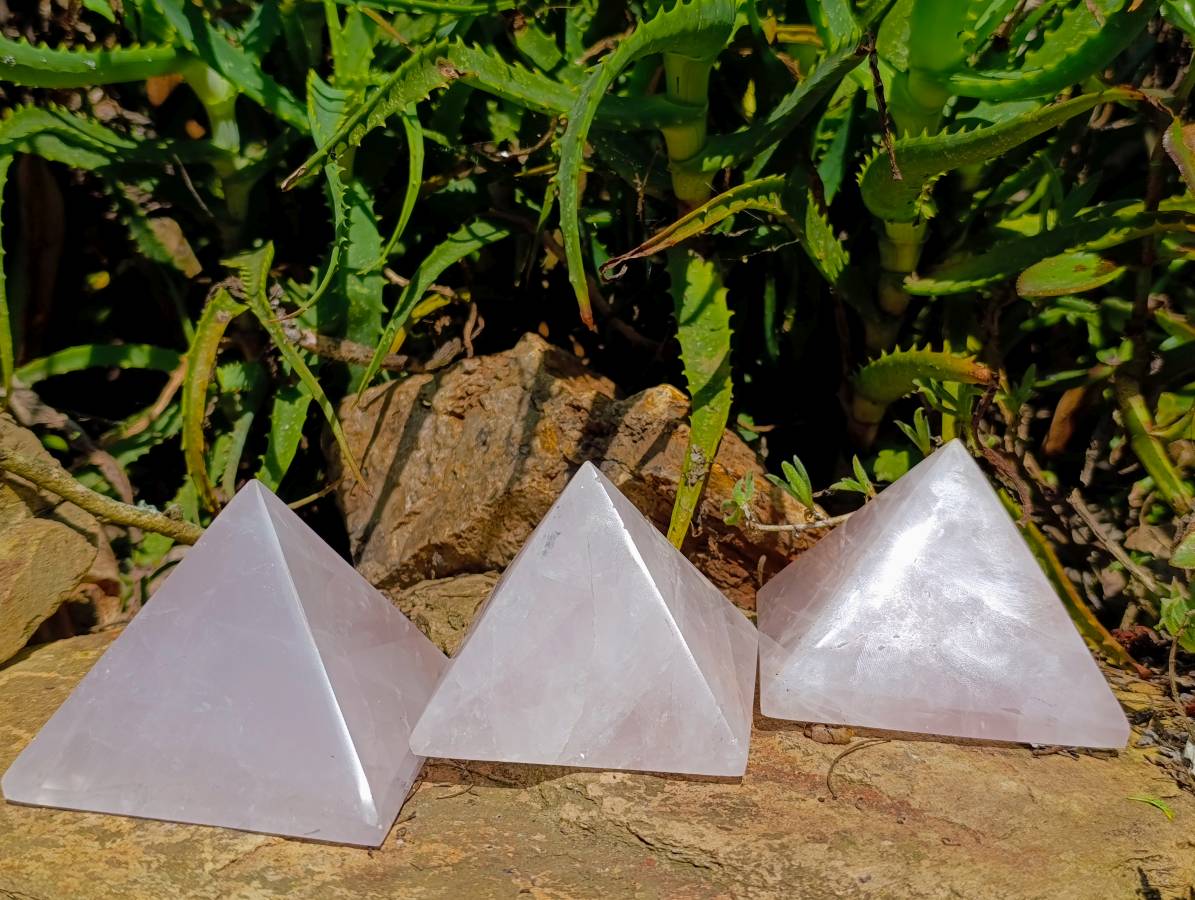 Polished Rose Quartz Pyramids x 3 From Madagascar - Toprock Gemstones and Minerals 