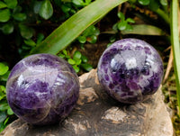 Polished Deep Purple Chevron Amethyst Spheres x 2 From Ankazobe, Madagascar