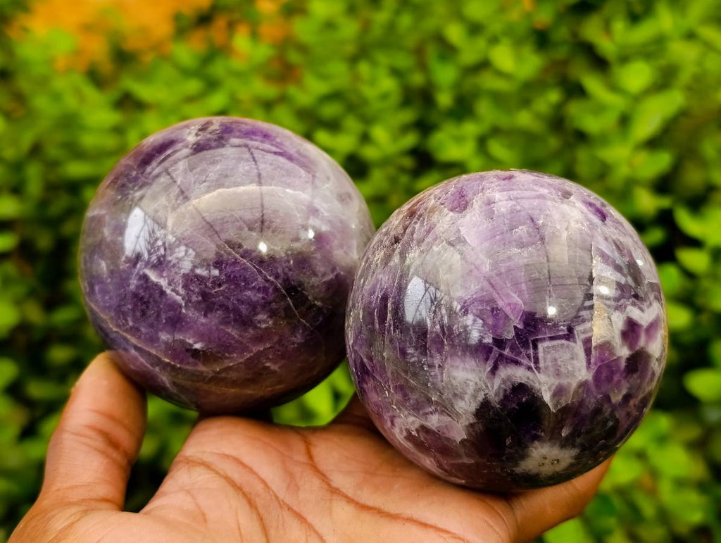 Polished Deep Purple Chevron Amethyst Spheres x 2 From Ankazobe, Madagascar - Toprock Gemstones and Minerals 