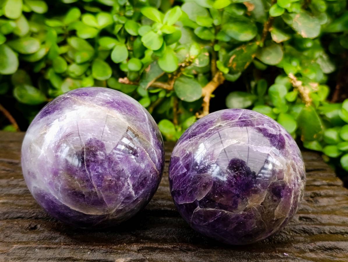 Polished Deep Purple Chevron Amethyst Spheres x 2 From Ankazobe, Madagascar - Toprock Gemstones and Minerals 