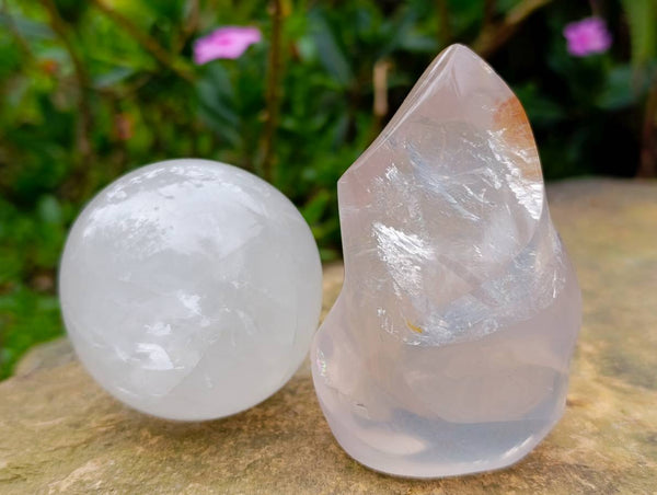 Polished Mixed Pearl Girasol Quartz Flame, Hearts, Sphere x 6 From Ambatondrazaka, Madagascar