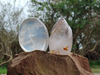 Polished Pearl Girasol Quartz Standing Free Forms, Hearts And Flame x 6 From Ambatondrazaka, Madagascar