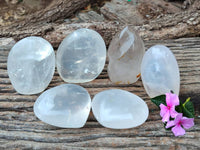 Polished Pearl Girasol Quartz Standing Free Forms, Hearts And Flame x 6 From Ambatondrazaka, Madagascar