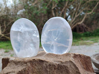 Polished Pearl Girasol Quartz Standing Free Forms, Hearts And Flame x 6 From Ambatondrazaka, Madagascar