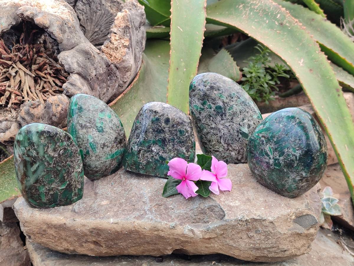 Polished Emerald Mica 'Mutokolite' Standing Free Forms x 5 From Mutoko, Zimbabwe - Toprock Gemstones and Minerals 
