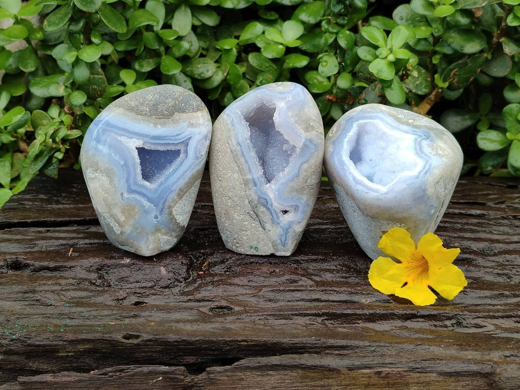 Polished Blue Lace Agate Standing Free Forms x 3 From Nsanje, Malawi - Toprock Gemstones and Minerals 