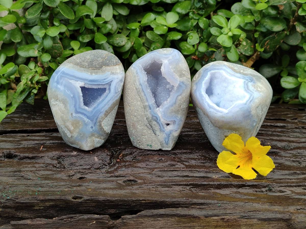 Polished Blue Lace Agate Standing Free Forms x 3 From Nsanje, Malawi - Toprock Gemstones and Minerals 