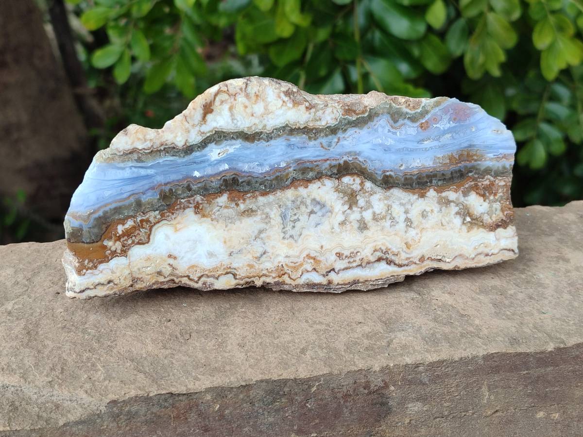 Polished On One Side Blue Lace Agate with Crazy Lace Slices X 3 From Namibia - Toprock Gemstones and Minerals 