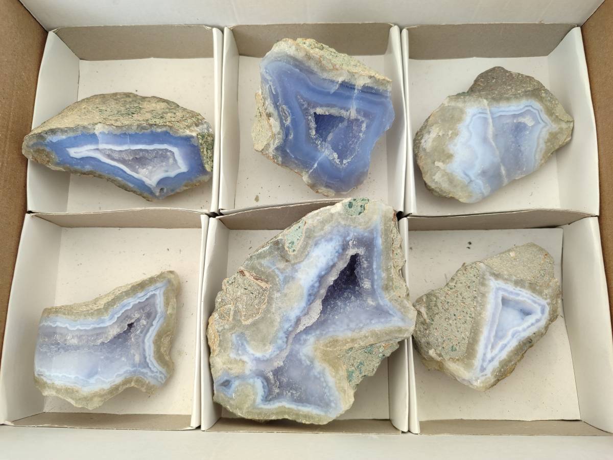 Polished On One Side Blue Lace Agate Geode Specimens x 6 From Nsanje, Malawi - Toprock Gemstones and Minerals 