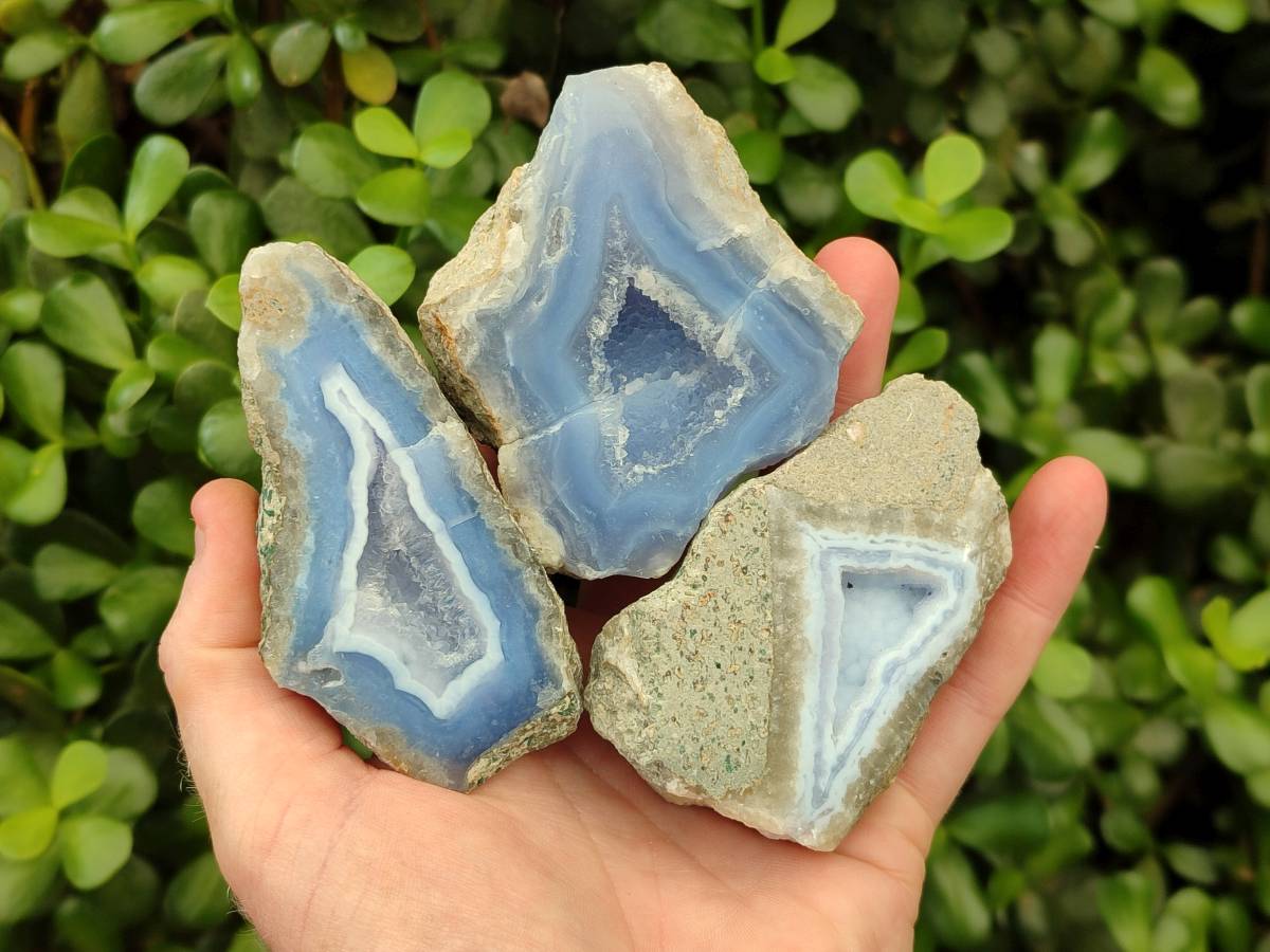 Polished On One Side Blue Lace Agate Geode Specimens x 6 From Nsanje, Malawi - Toprock Gemstones and Minerals 