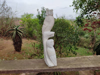Hand Made White Marble Twin Owls On A Branch Carving x 1 From Zimbabwe