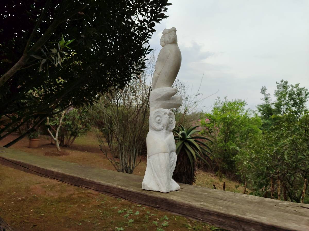 Hand Made White Marble Twin Owls On A Branch Carving x 1 From Zimbabwe - Toprock Gemstones and Minerals 