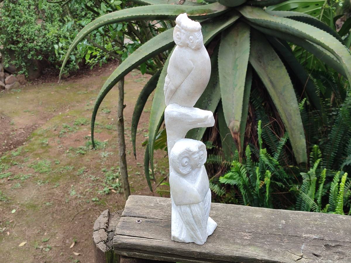 Hand Made White Marble Twin Owls On A Branch Carving x 1 From Zimbabwe - Toprock Gemstones and Minerals 