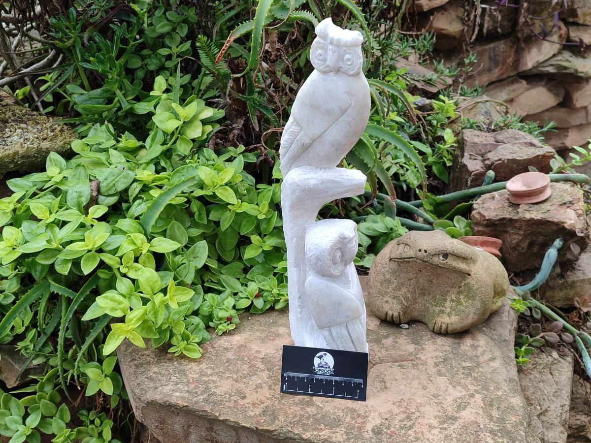 Hand Made White Marble Twin Owls On A Branch Carving x 1 From Zimbabwe - Toprock Gemstones and Minerals 