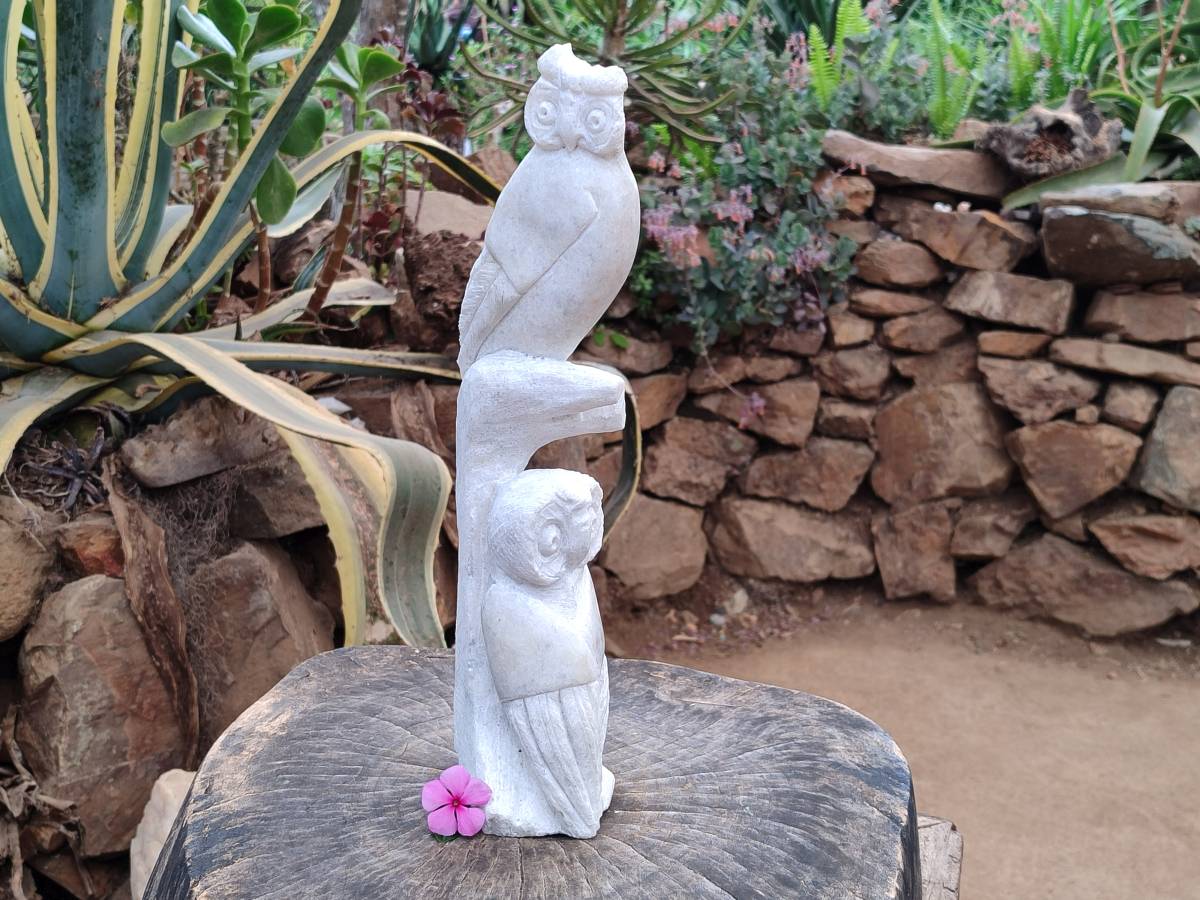 Hand Made White Marble Twin Owls On A Branch Carving x 1 From Zimbabwe - Toprock Gemstones and Minerals 