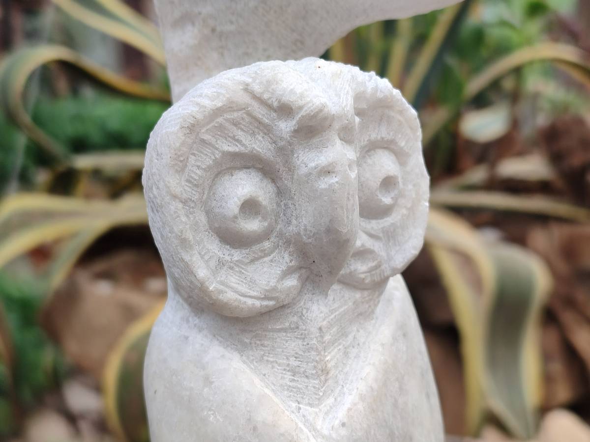 Hand Made White Marble Twin Owls On A Branch Carving x 1 From Zimbabwe - Toprock Gemstones and Minerals 