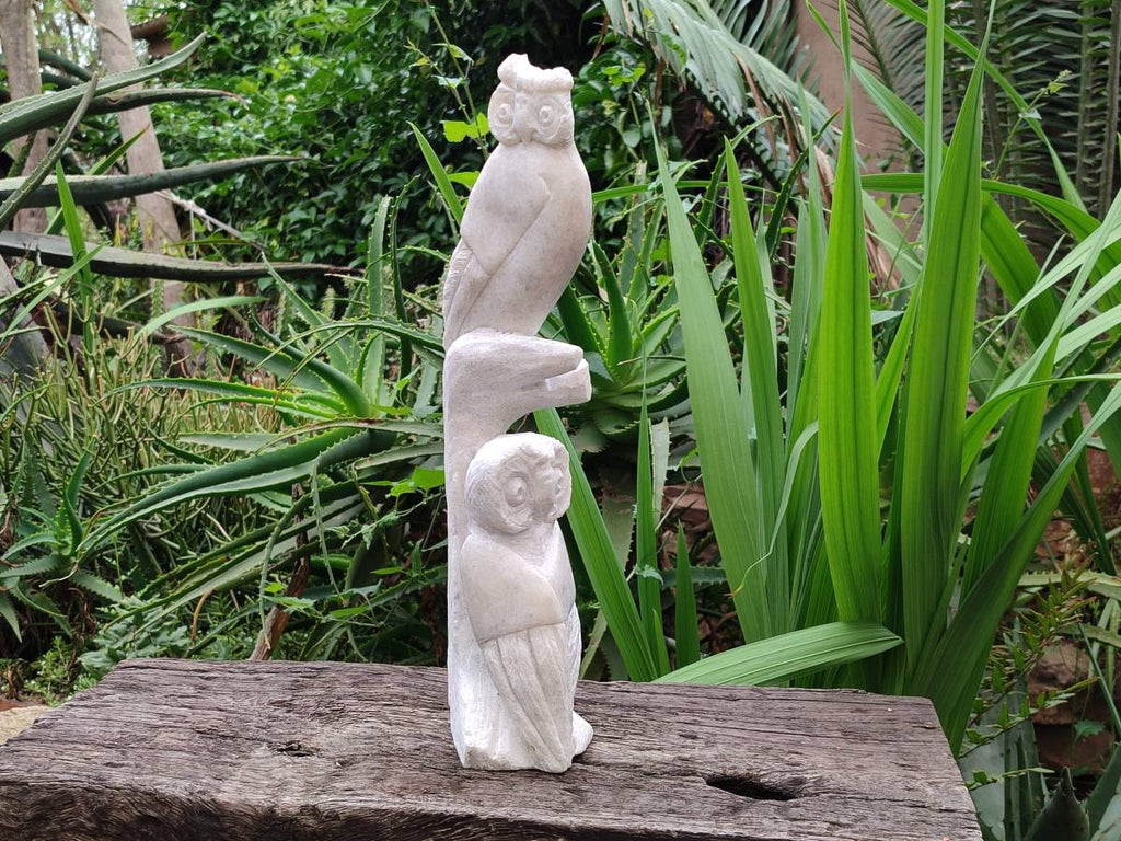 Hand Made White Marble Twin Owls On A Branch Carving x 1 From Zimbabwe - Toprock Gemstones and Minerals 